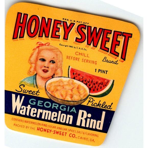 Honey Sweet Watermelon Rind Product Label 1940's Original Blonde Women Georgia - Picture 1 of 2